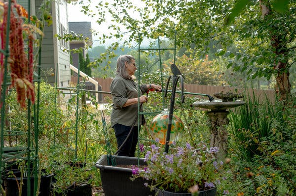 Joan Brasier holding a watering wand in her garden’s birdbath, surrounded by a variety of plants and trees.